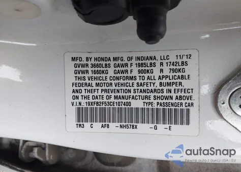 2012 Honda Civic Lx из США, поврежденный, VIN 19XFB2F53CE107400